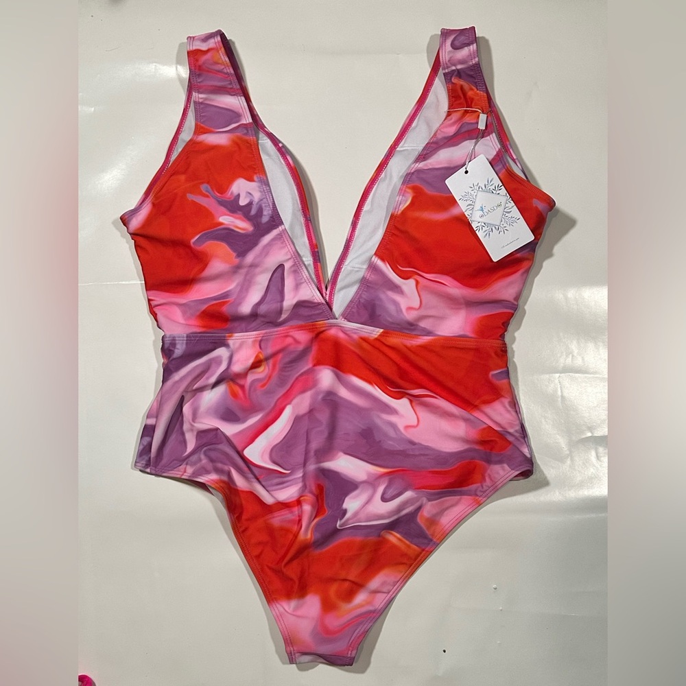ODASDO Women’s One Piece Floral Pink Swimsuit Retro Swirl Bathing Suit XL NWT